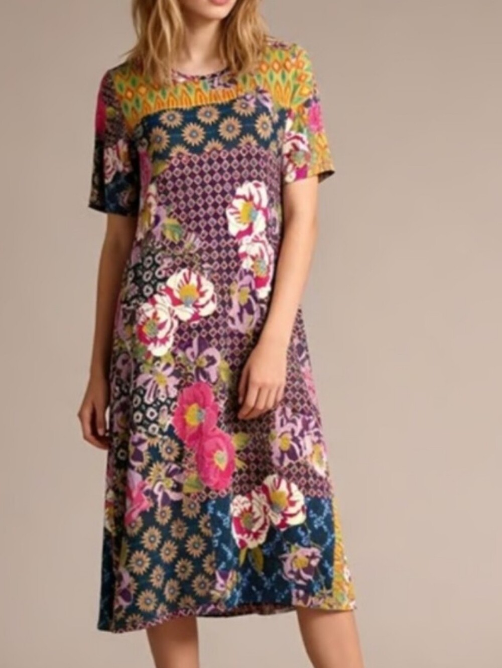 Johnny Was Dress Midi Maggie Floral patchwork Swing Short Sleeve Blue Pink Large